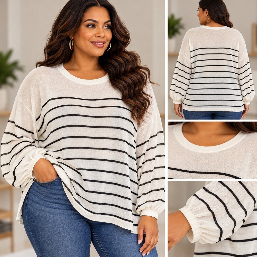 Women Sweater Bloomchic Size 18 -20 Striped V-Neck Long sleeve Semi Sheer NEW